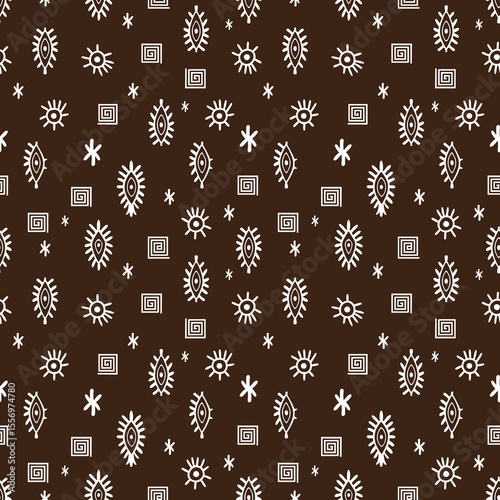A repeating pattern of ancient protective symbols in white on a rich espresso brown. This graphic, esoteric design with hand-drawn talismans is ideal for spiritual branding or boho textiles