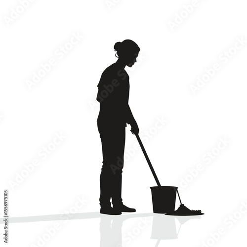 Black Silhouette Vector of Person Mopping Floor with Bucket in Daily Cleaning Scene on White Background Full HD