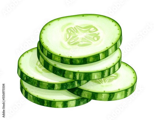 stack of fresh cucumber slices watercolor illustration on transparent background

