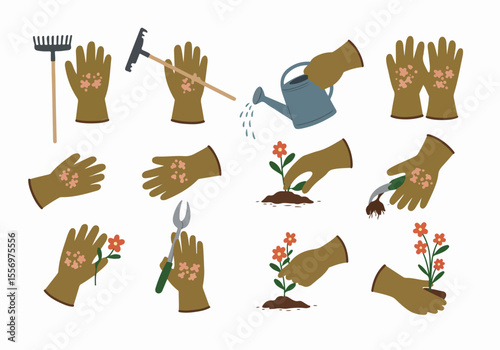 Collection of hands performing gardening tasks like raking, watering, and planting flowers.