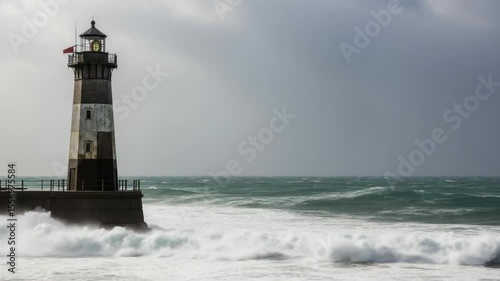 Crashing Waves Against Lighthouse on Stormy Day Powerful Ocean Scene