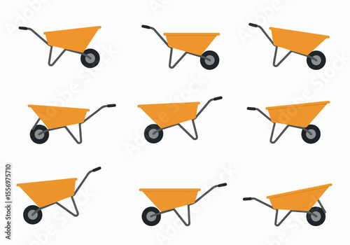 Seamless pattern of orange wheelbarrow illustrations arranged in a grid on a white background, ideal for construction, gardening, or home improvement themes.