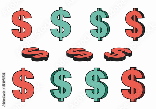 Abstract vector illustration of multiple stylized dollar signs in red and green, representing finance, wealth, and business success on a white background.