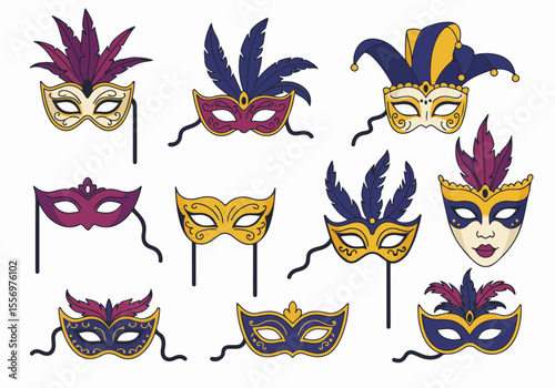 Collection of Colorful Carnival and Venetian Masquerade Masks with Feathers