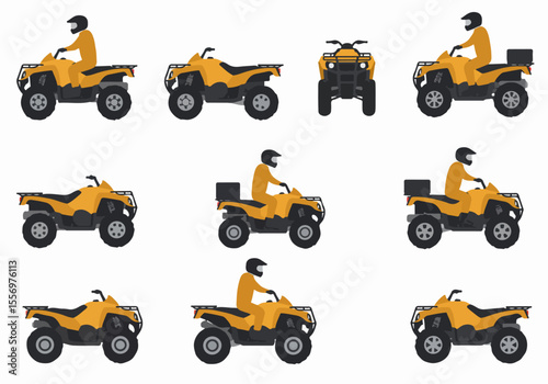 Set of flat design illustrations showing yellow ATVs from various angles, some with a rider in a helmet.