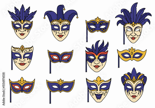 Set of diverse carnival and masquerade masks including Venetian and Mardi Gras styles, featuring feathers, jester hats, and ornate designs, on a white background.
