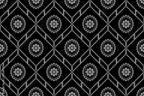 Striking seamless ethnic pixel pattern featuring interconnected geometric diamonds and intricate circular motifs in white , bold black background ,Ideal , traditional ,modern textiles, fashion,digital