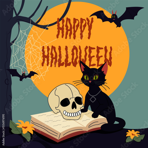 A black cat wearing a necklace sits on an open book beside a human skull. Behind it, a full moon glows with "Happy Halloween" text. Bats and a spiderweb complete the spooky scene.