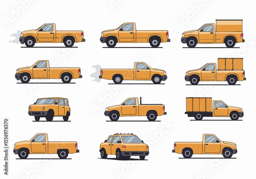 Set of cartoon orange pickup and delivery trucks in various styles and views, forming a seamless pattern on a white background.