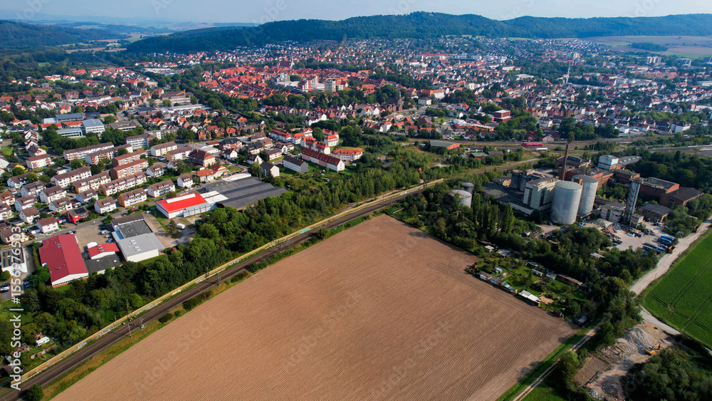 Fototapeta premium Aerial view on a sunny noon of the old town in the city Northeim in Germany