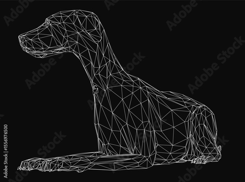 Wireframe dog sitting on a black background, composed of geometric shapes and interconnected lines, forming a detailed and abstract design. The minimalist style highlights the structural complexity.