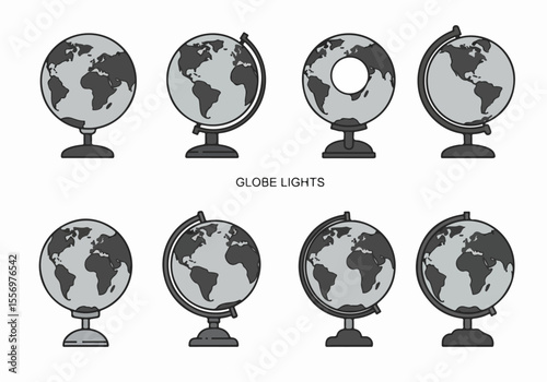 Set of flat line art world globe icons in grayscale, depicting geography, education, travel, and global concepts.