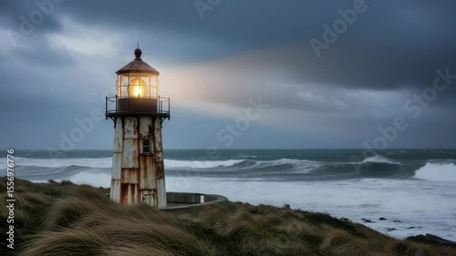 Shining Lighthouse Guiding Through Stormy Seas Moody Coastal Scene