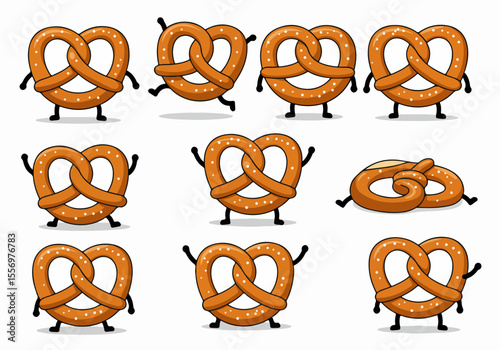 Set of cute cartoon pretzel characters with arms and legs in various poses and actions on a white background, illustration