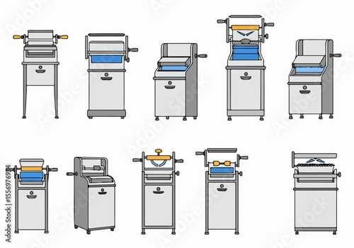 Collection of vintage illustrated pasta makers and dough processing machines isolated on a white background, featuring various retro kitchen equipment in outline style.
