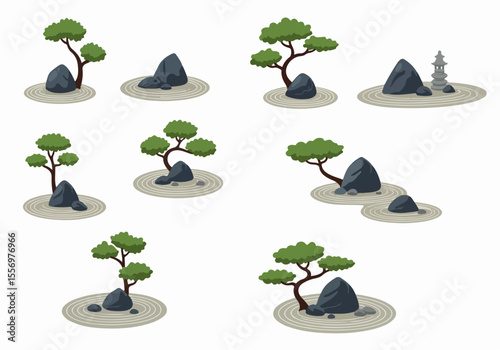 Set of Flat Vector Illustrations of Zen Gardens with Raked Sand, Rocks, and Bonsai Trees, Featuring Japanese Tranquility and Peace