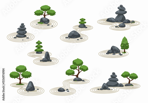 Zen Garden Elements Vector Collection: Stones, Raked Sand, and Trees Symbolizing Tranquility and Meditation