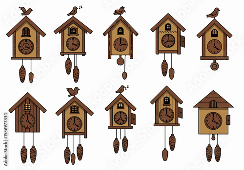 Set of Cartoon Cuckoo Clocks with Birds Illustration