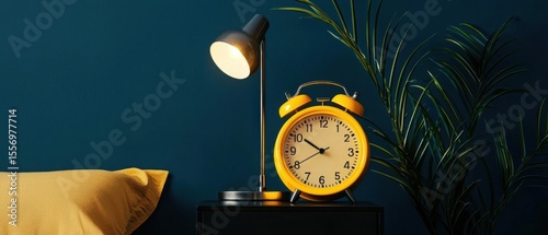 Nightstand with a yellow alarm clock on it. the alarm clock has a round face with black numbers and hands. next to the alarm clock, there is a black floor lamp with a round shade.