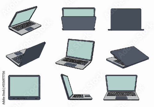 Multiple views of a flat design laptop illustration isolated on a white background, showing different angles and perspectives of the electronic device.