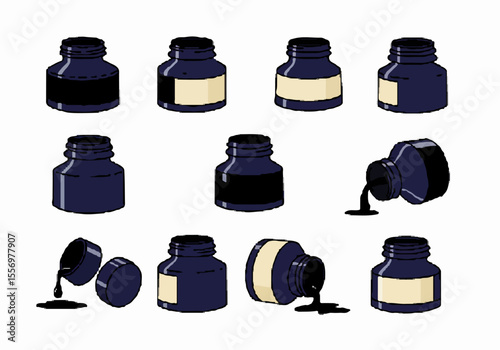 Collection of vintage style black ink bottles in various states, including upright, tipped over, and spilling ink.