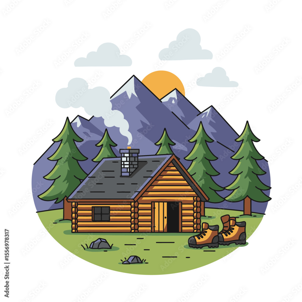 Naklejka premium A log cabin nestled among mountains and trees complete with hiking boots outside