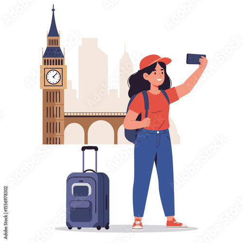 A tourist taking a selfie with Big Ben in London as a backdrop accompanied by luggage