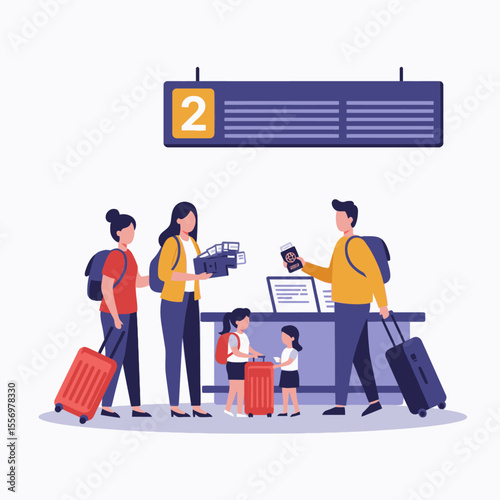 A family of four waits at airport checkin with bags and passports