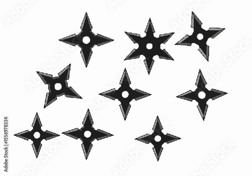 Scattered black shuriken or ninja stars on a white background, traditional Japanese throwing weapons used in martial arts and stealth operations.