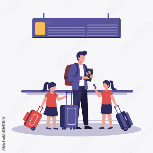 An adult and two children stand with luggage beneath a signage board at an airport