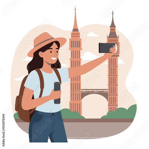 Tourist taking selfie with landmark featuring 2 clock towers and a bridge