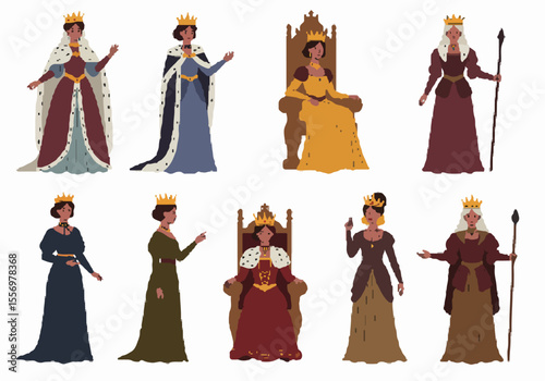 Collection of stylized female royalty illustrations featuring queens in different poses and historical fashion styles.
