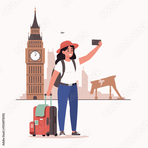 Tourist taking a selfie in London with Big Ben and a sculpture backdrop