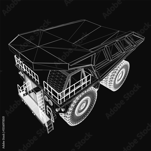 Military dump truck wireframe model on black background, featuring detailed headlights, grille, wheels, and chassis structure. The 3D rendering highlights the vehicle's rugged design and functional.