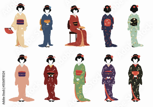 Vector illustration set of ten traditional Japanese geisha figures in colorful kimonos with various poses and patterns.