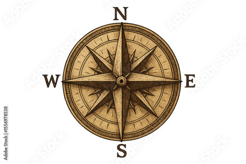 Vintage navigational compass rose with cardinal directions, transparent backdrop highlighting maritime exploration and geographic orientation
