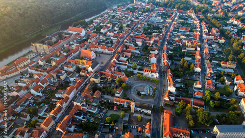 Aerial view on a sunny morning of the old town in the city Grimma in Germany