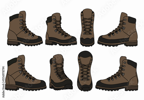 Illustration Set of Brown Hiking Boots from Various Angles on White Background