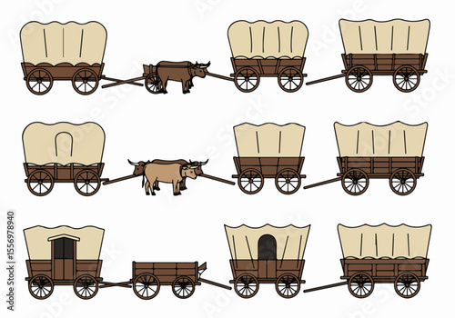 Various cartoon covered wagons, including some pulled by oxen, representing historical western transportation and pioneer travel on a white background.