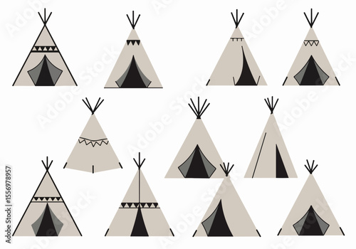 Seamless pattern of minimalist beige and grey teepees (tipis) with black details on a white background, in a simple geometric illustration style.