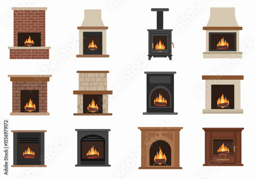 Collection of various fireplace designs and wood-burning stoves with burning fire, isolated on white background, representing home heating and comfort.