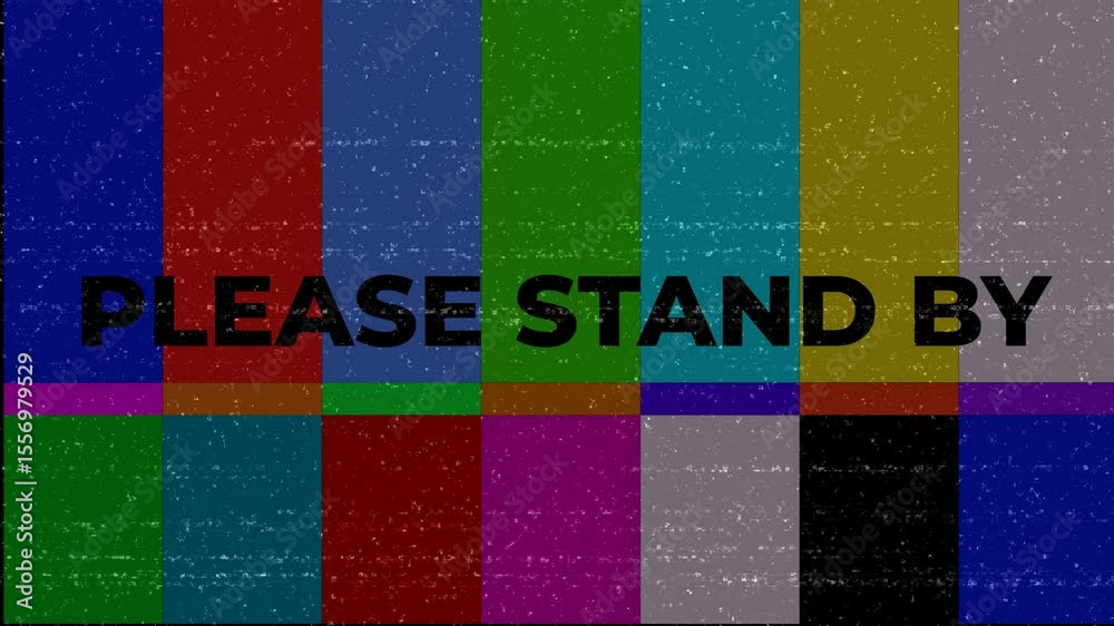Please Stand By text Glitch and noise effect on tv color bars background. Retro Television. 4k 