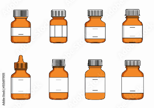 Set of eight different orange medicine and supplement bottles with blank labels illustration on white background