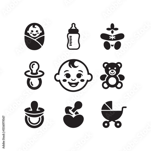 A collection of nine black and white baby icons including a baby bottle and a teddy bear toy image