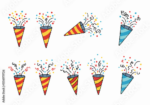 Colorful hand-drawn illustration set of various party poppers exploding with vibrant confetti and streamers for celebration and festive designs.