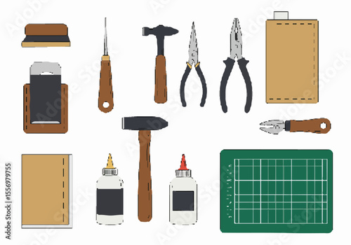Vector illustration of various crafting tools and supplies including hammers, pliers, glue, cutting mat, and material components, isolated on a white background for DIY and creative projects.