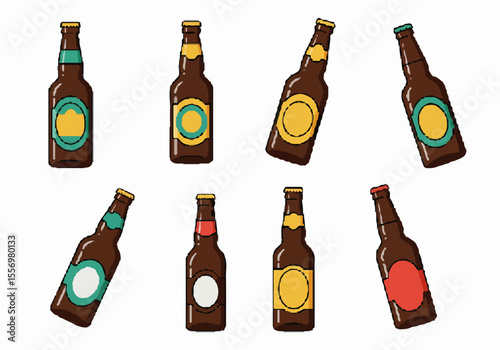 Cartoon illustration pattern of various brown beer bottles with colorful labels and caps scattered on a white background.