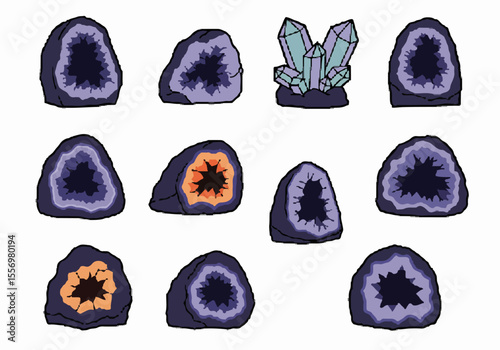 Illustrated Collection of Colorful Geodes and Crystals on White Background