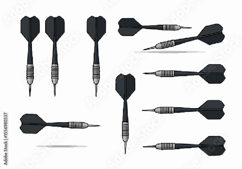 Collection of black and grey darts in various orientations and views against a white background, vector style illustration