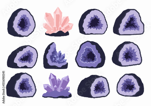 Illustration set of colorful geode halves and crystal clusters in purple and pink shades, representing natural beauty and geology.
